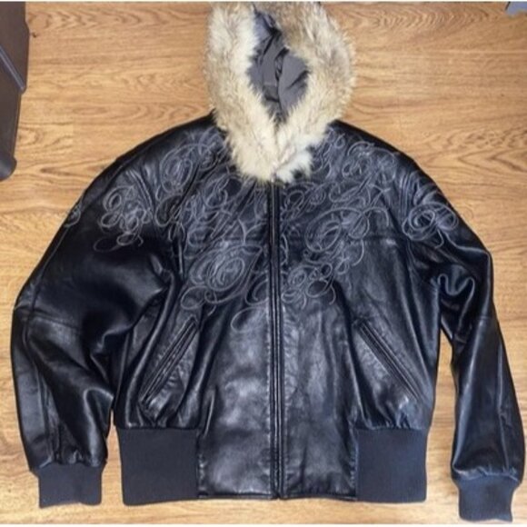 Vtg Y2K Pelle Pelle Womens Leather Embroidered Fur Hooded Jacket Size 20 - Picture 1 of 10